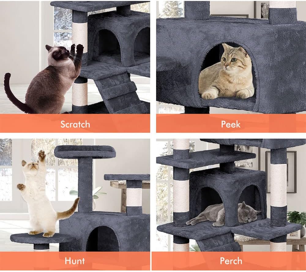CARLA HOME 134cm Cat Tree Tower for Indoor Cats with Plush Perches, Dual Condos, Natural Sisal Scratching Posts & Ramp for Kittens & Adult Cats (Dark Grey)