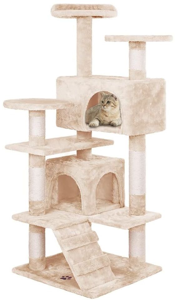 CARLA HOME 134cm Cat Tree Tower for Indoor Cats with Plush Perches, Dual Condos, Natural Sisal Scratching Posts & Ramp for Kittens & Adult Cats (Beige)