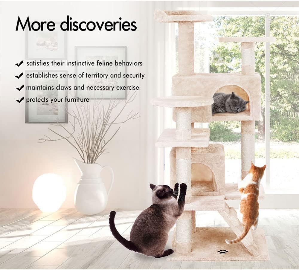 CARLA HOME 134cm Cat Tree Tower for Indoor Cats with Plush Perches, Dual Condos, Natural Sisal Scratching Posts & Ramp for Kittens & Adult Cats (Beige)