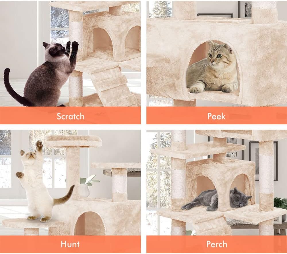 CARLA HOME 134cm Cat Tree Tower for Indoor Cats with Plush Perches, Dual Condos, Natural Sisal Scratching Posts & Ramp for Kittens & Adult Cats (Beige)