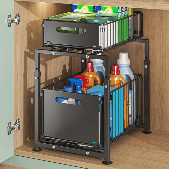 CARLA 2 Tier Under Sink Organizer w/Sliding Drawers & h Adjustable Cabinet