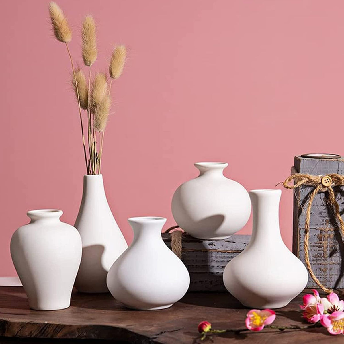 Ceramic Set of 5 White Vases for Home Décor