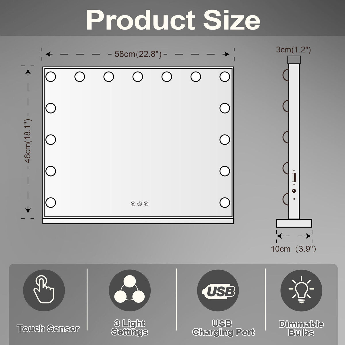 Hollywood LED Vanity Mirror Rectangle White Silver Wall Mirror