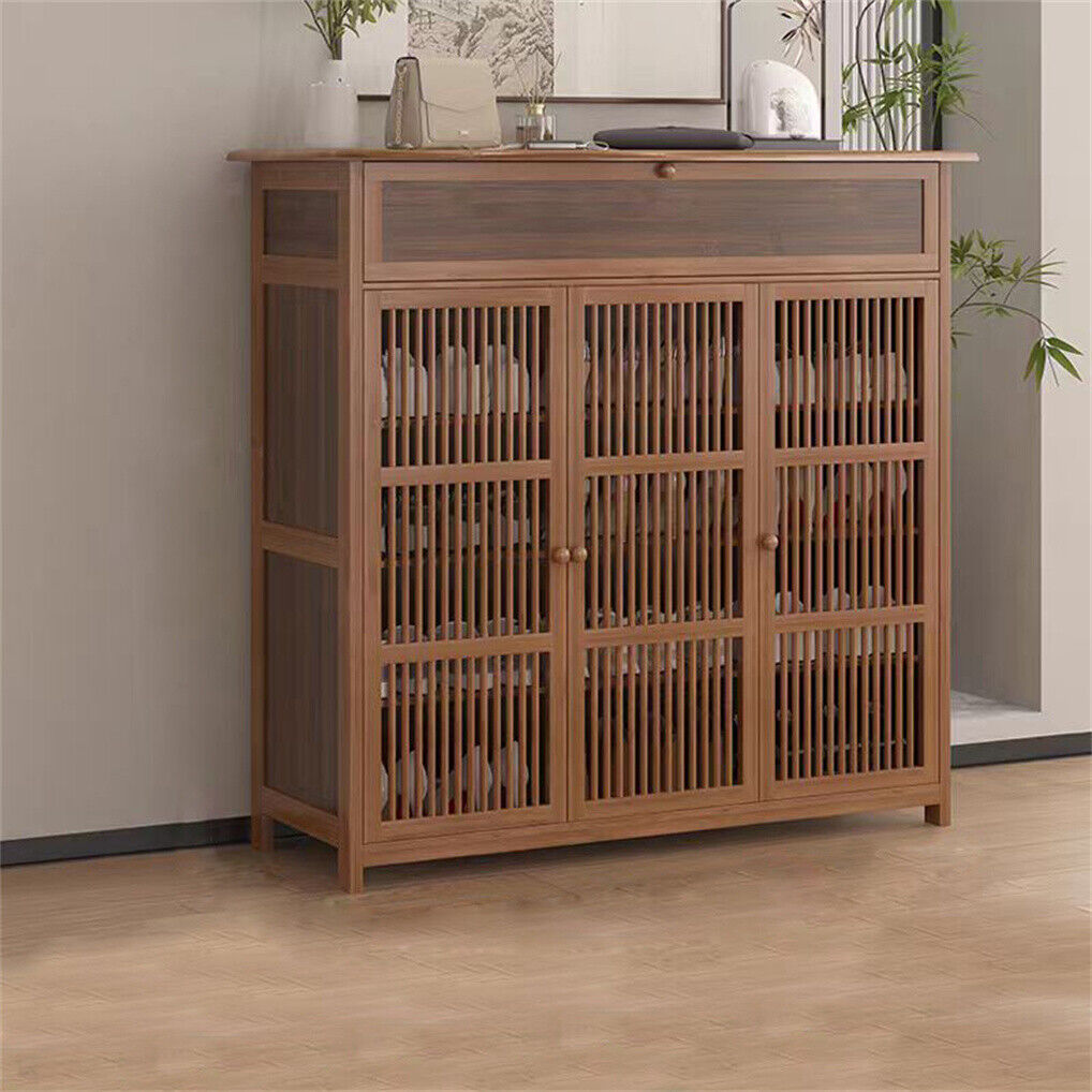 Wooden Shoe Rack XL 4 Tier 3 Doors Drawers Shelves Cabinet Organizer