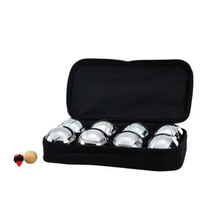 Silver Bocce Pétanque Set with 8 Metal Balls, White Wooden Jack, and Carry Case