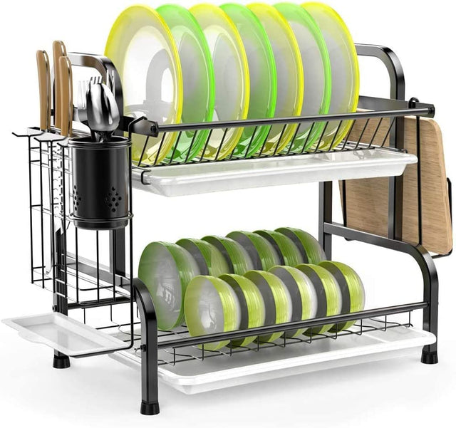 Stainless Steel 2 Tier Dish Drying Rack w/Utensil Holder, Cutting (Black)