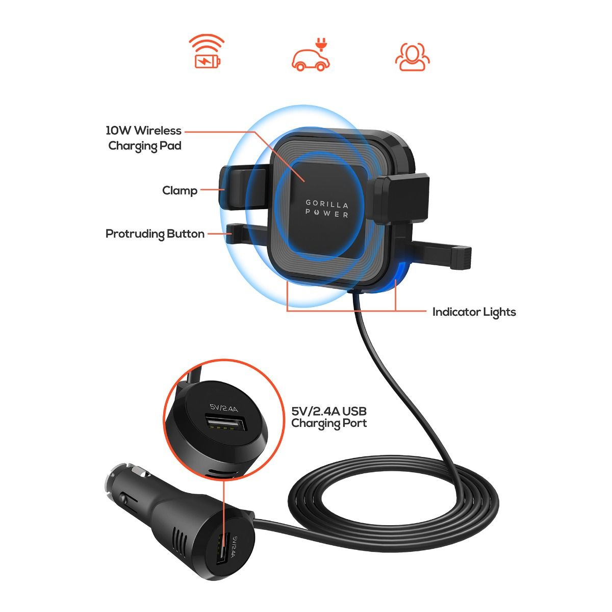 mbeat Gorilla Power 10W Wireless Car Charger With 2.4A USB - Clip & Windshield