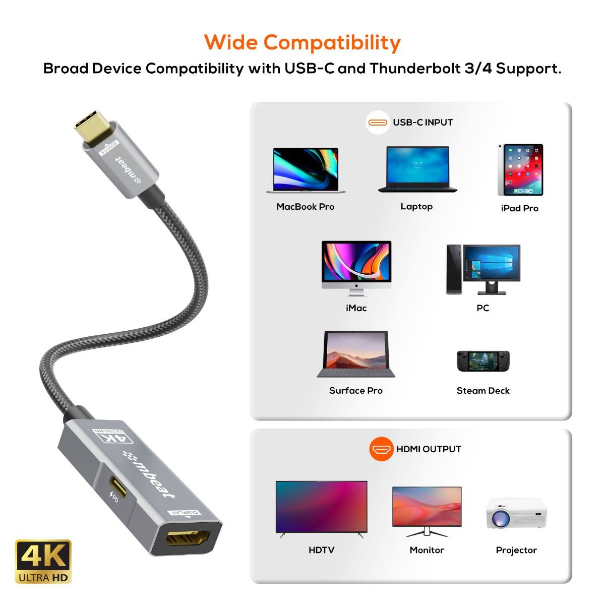 mbeat Tough Link USB-C to HDMI Adapter with 100W PD - Space Grey