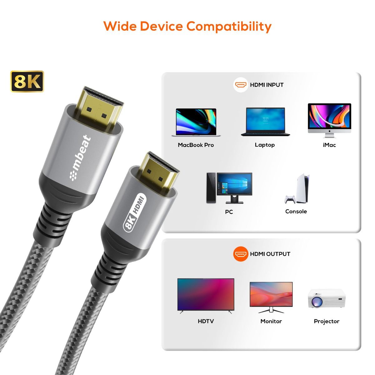 mbeat Tough Link 3m Certified 8K HDMI Cable - Space Grey