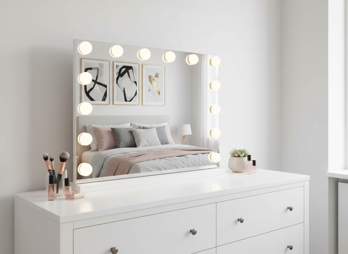 LED Beauty Mirror with 14 Bulbs, Colour Settings, USB A - White, 50 × 42cm