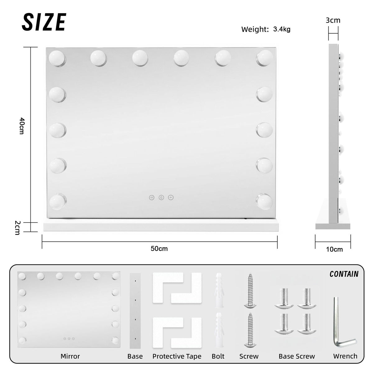 LED Beauty Mirror with 14 Bulbs, Colour Settings, USB A - White, 50 × 42cm
