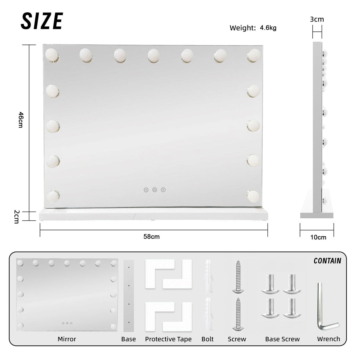LED Beauty Mirror with 15 Bulbs, Colour Settings, USB A and USB C, White, 58 × 48cm