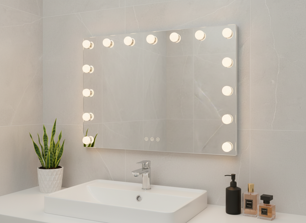 LED Beauty Mirror with 15 Bulbs, Colour Settings, USB A and USB C, White, 58 × 48cm