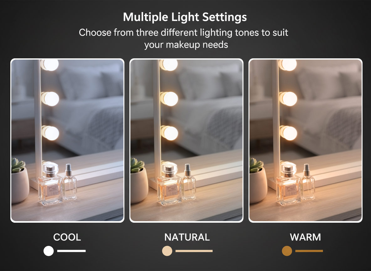LED Beauty Mirror with 15 Bulbs, Colour Settings, USB A and USB C, White, 58 × 48cm