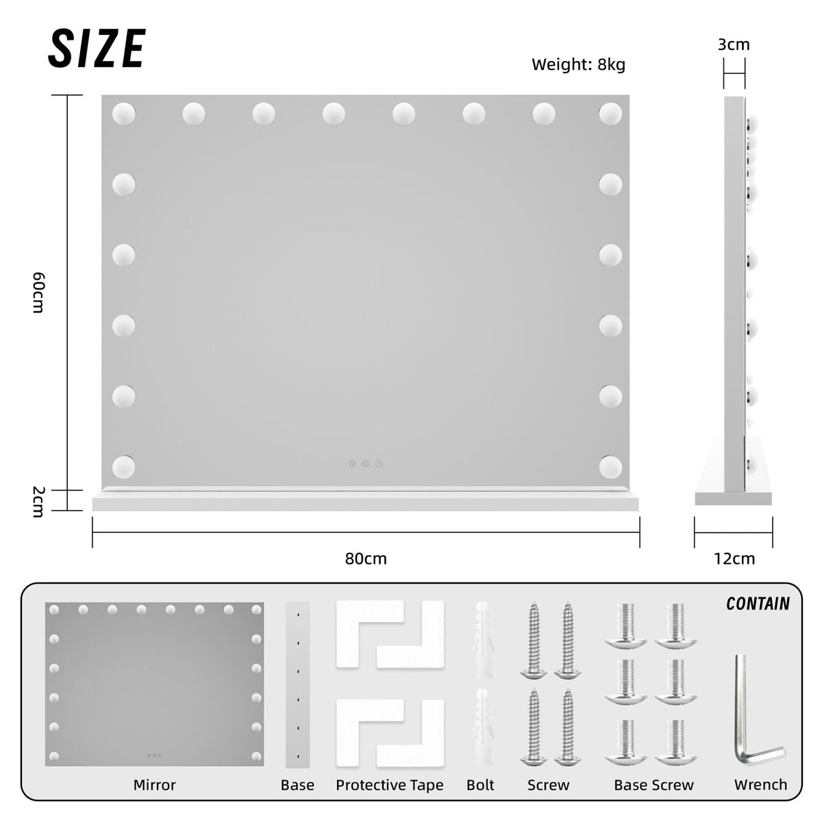 LED Beauty Mirror with 18 Bulbs, Colour Settings, USB A and USB C, White, 80 x 62cm