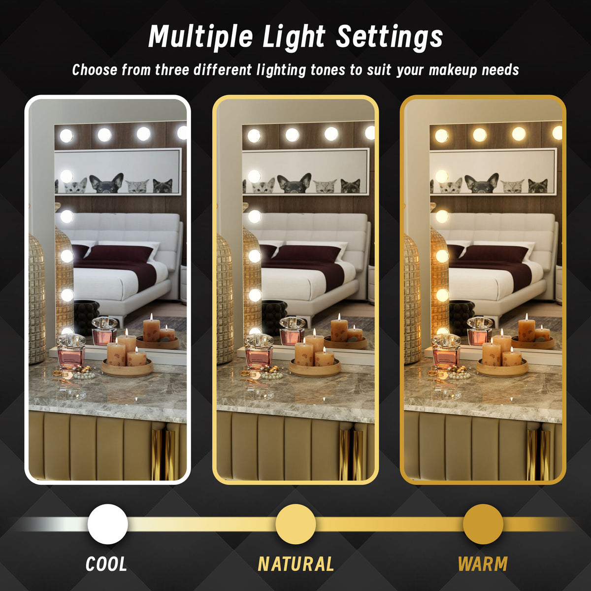 LED Beauty Mirror with 18 Bulbs, Colour Settings, USB A and USB C, White, 80 x 62cm