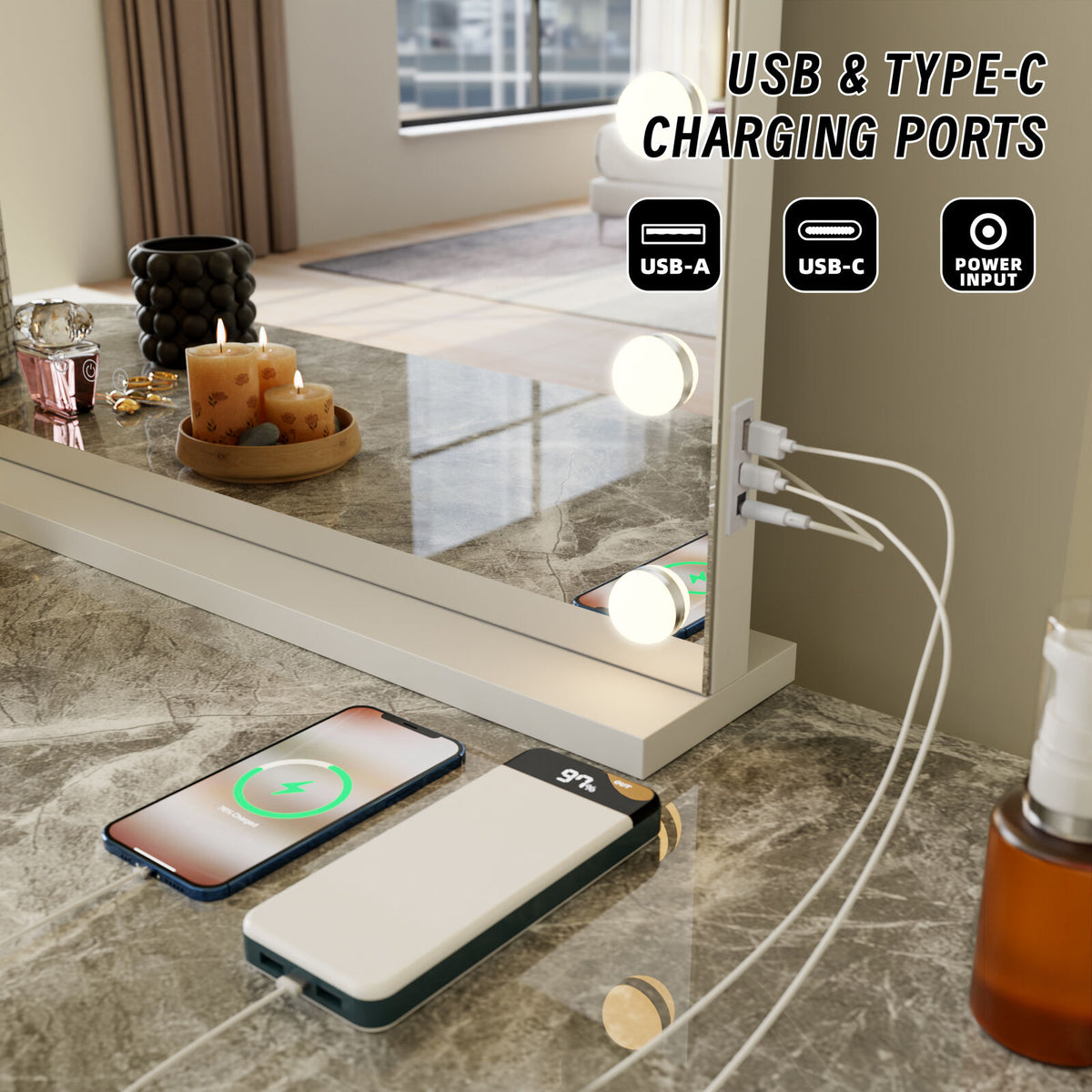 LED Beauty Mirror with 18 Bulbs, Colour Settings, USB A and USB C, White, 80 x 62cm