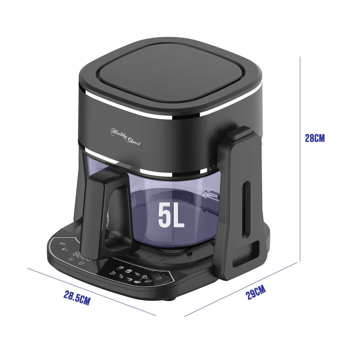 5L 2in1 Air Fryer and Grill, 1400W, Digital Touch Control, Clear Glass Cooking Basket