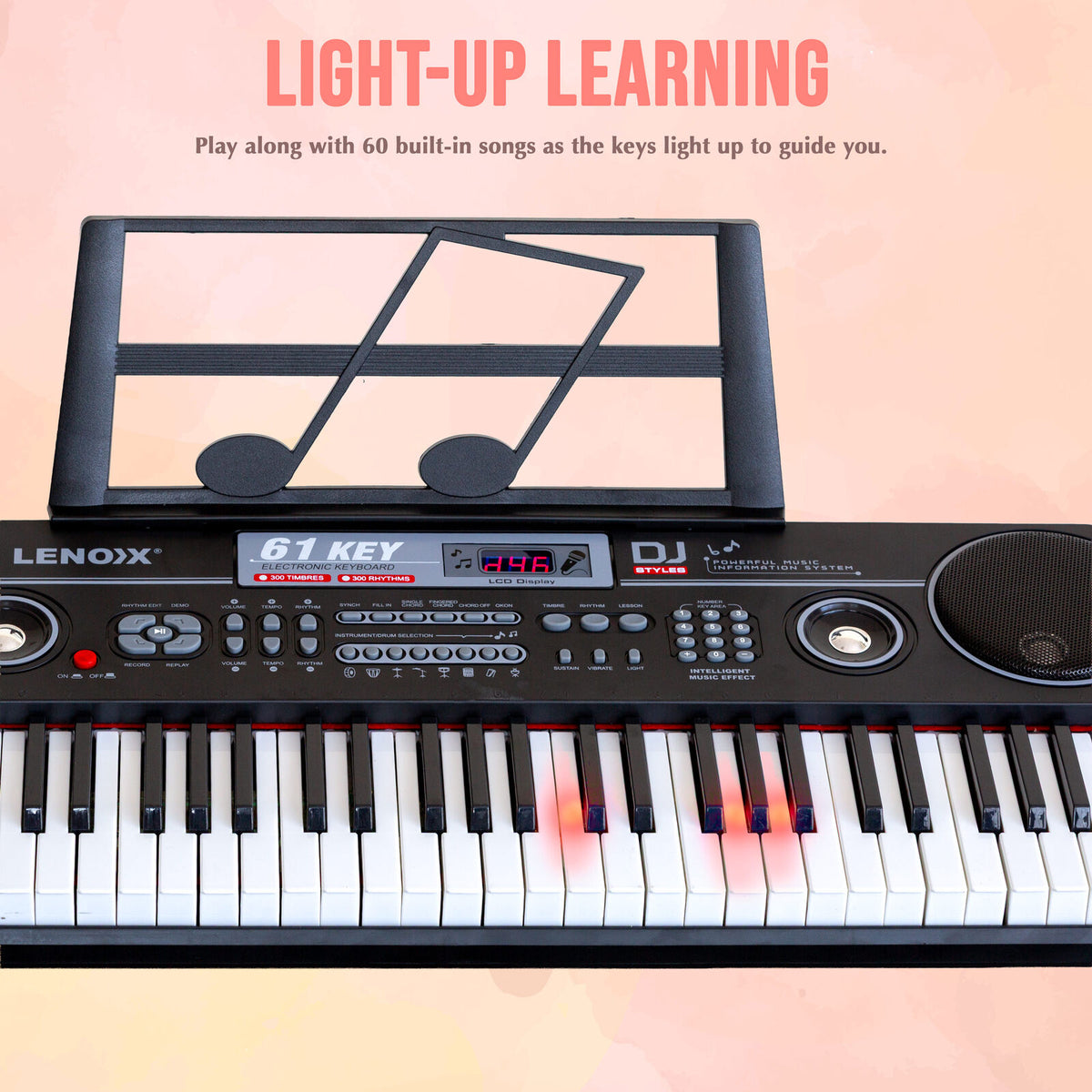 61-Key Electronic Learning Piano Keyboard, Light-Up Keys, LCD Display, with -