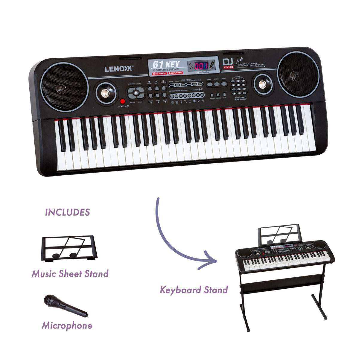 61-Key Electronic Learning Piano Keyboard, Light-Up Keys, LCD Display, with -