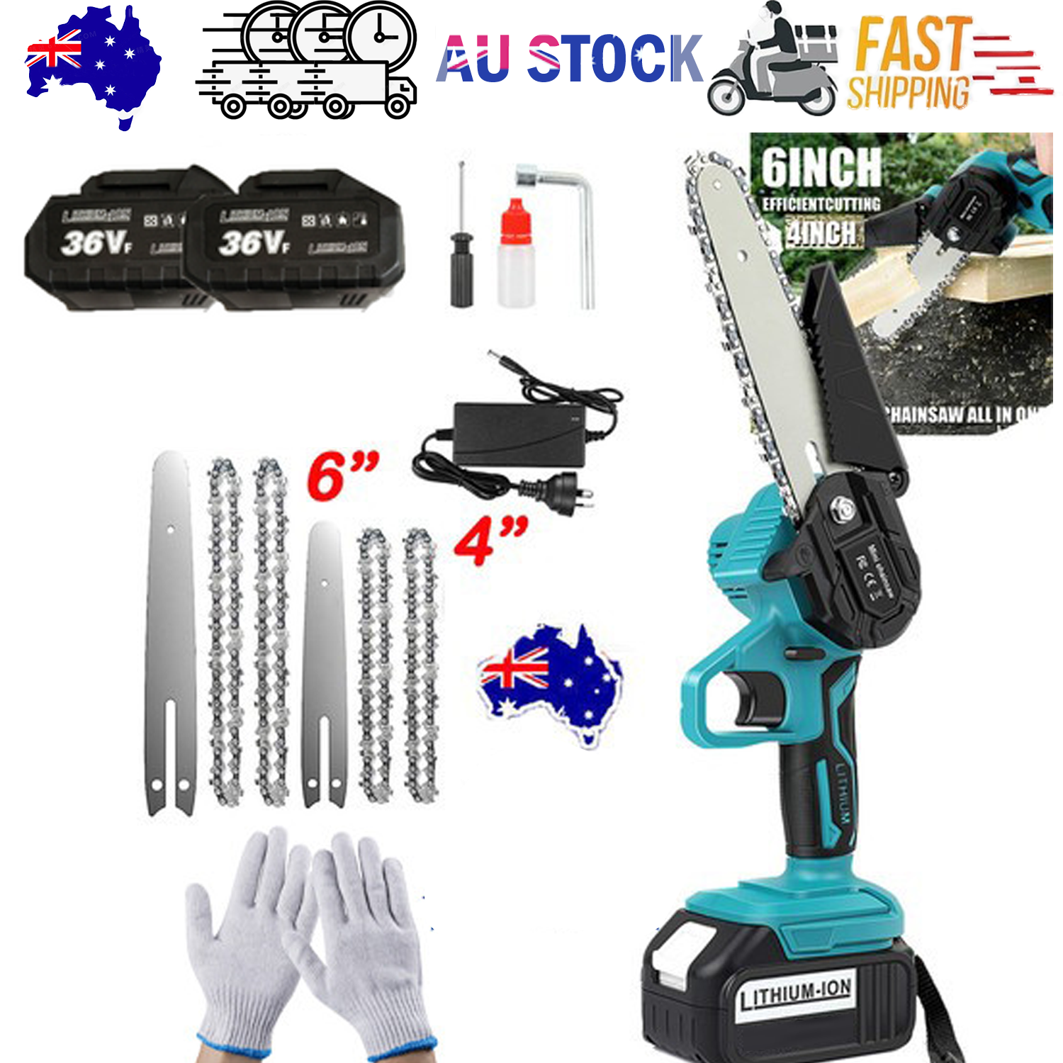 4"+ 6" Chainsaw Cordless Rechargeable Wood Cutter Saw Chain Saws Electric New