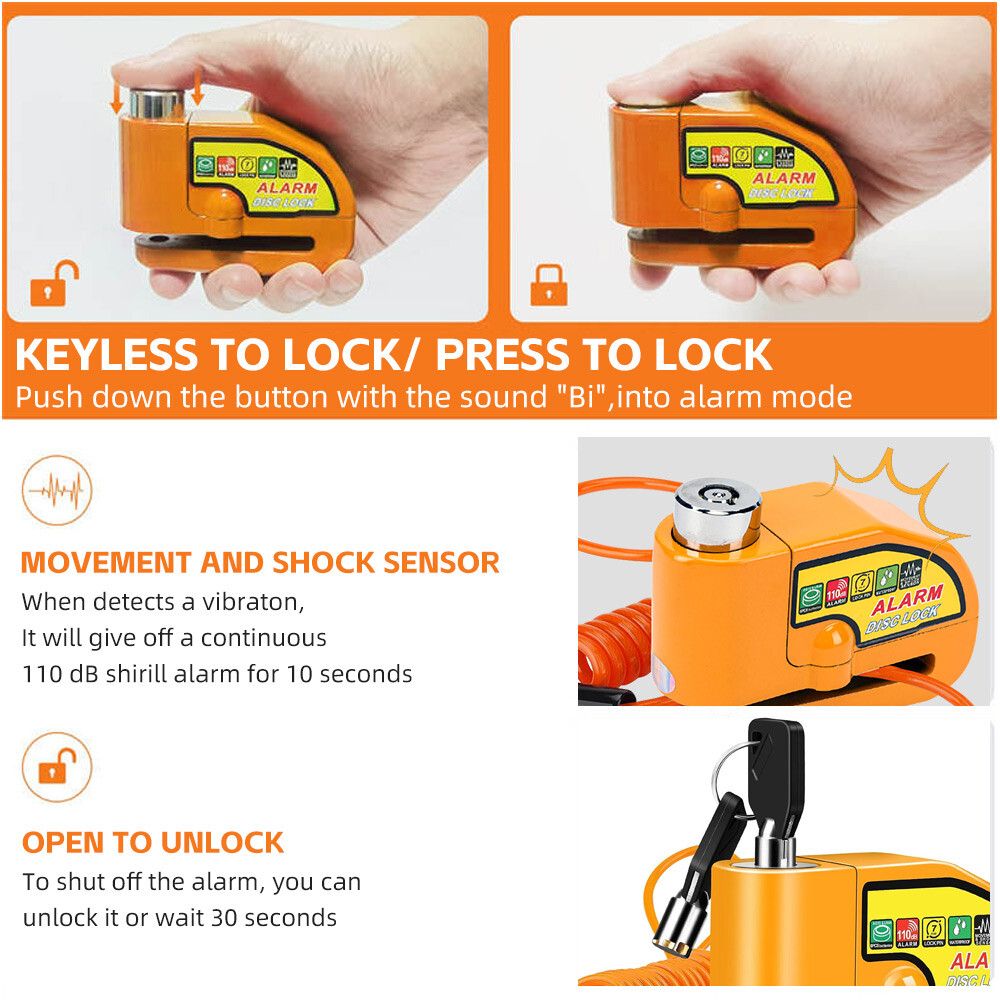 Yellow Motorcycle Alarm Disc Lock Motor Bike Brake Security Electric  Bicycle Lock AU