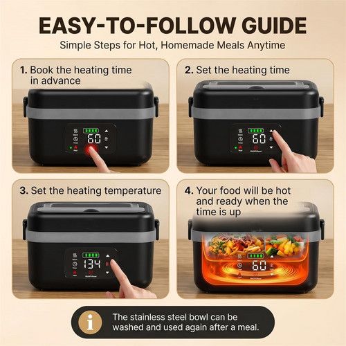 Portable 1L Cordless Electric Heated Lunch Box 16000mAh 60W 304 Stainless Steel Black& Gray