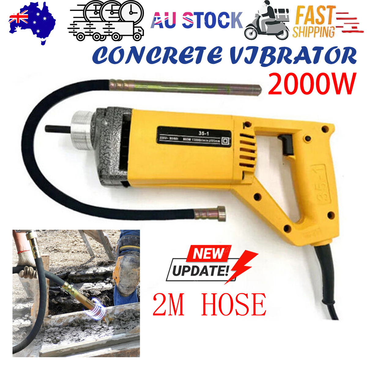 2000W Handheld Electric Concrete Vibrator 3600VPM 35mm Needle 2m Hose Cement