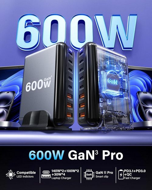 600W GaN³ 8 Ports Fast Charging Station USB&Type-C for iPhone, Laptops, MacBook