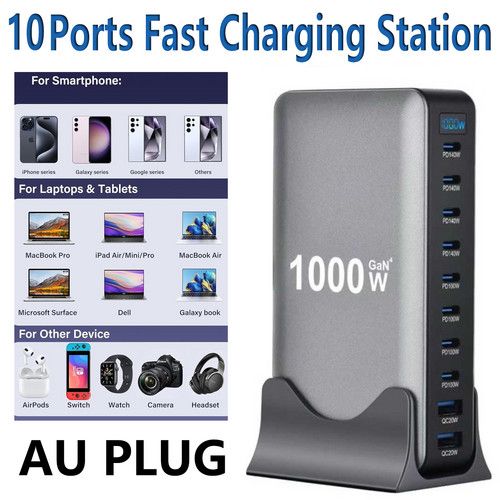 1000W GaN Fast Charging Station 10Ports USB&Type-C for iPhone, Laptops, MacBook