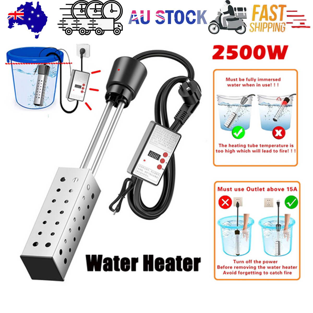 Portable Electric Immersion Water Heater Boiler &Thermostat Auto Shut off 2500W