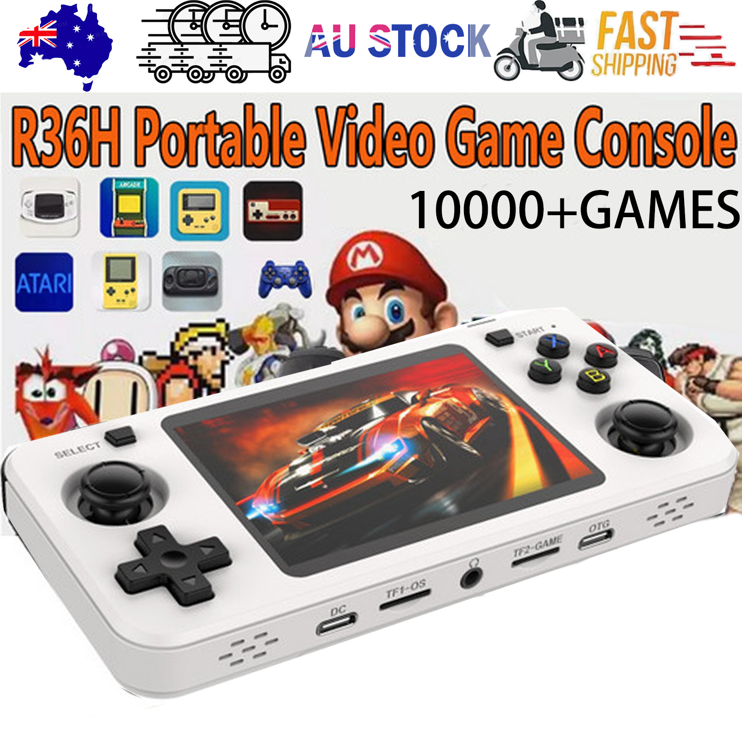 10000+ Games R36H Portable Video Game Consoles Retro Handheld Game Console White