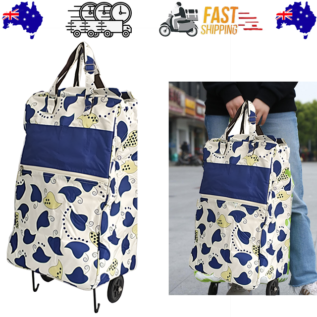 Shopping Trolley Cart Bag Wheels Carts Bags Market Luggage Basket blue leaves