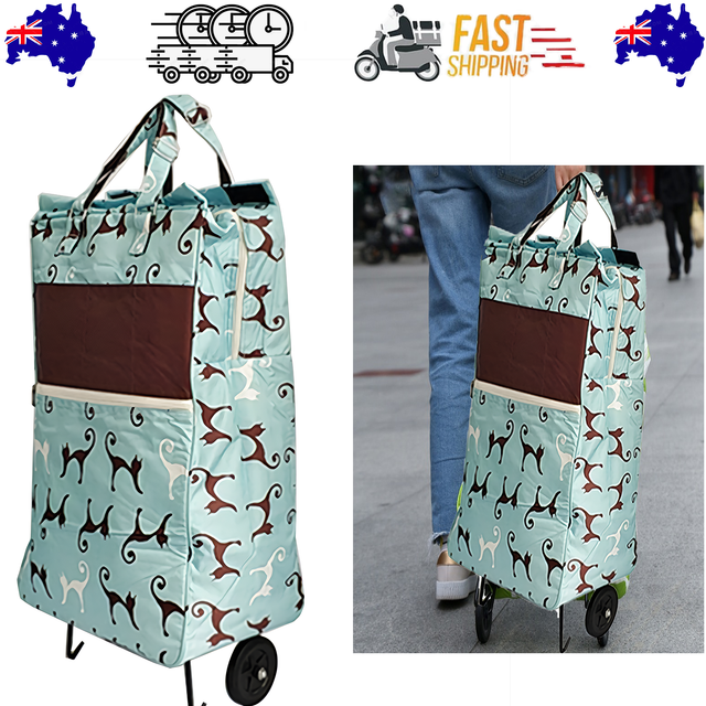 Shopping Trolley Cart Bag Wheels Carts Bags Market Luggage Basket sky blue cat