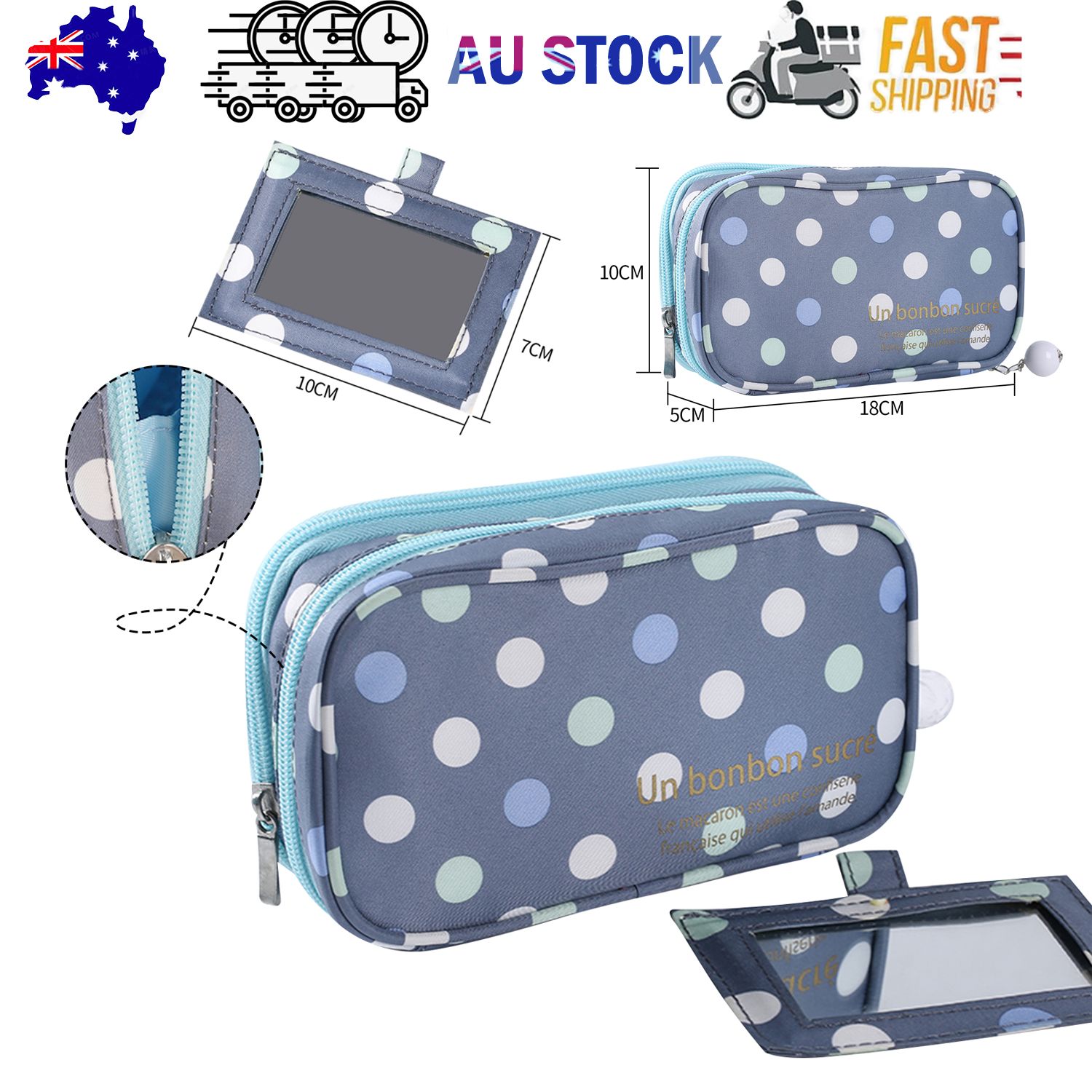 2 Layer Makeup Bag w/ Mirror Travel Cosmetic Bag Organizer Brush Slots Portable