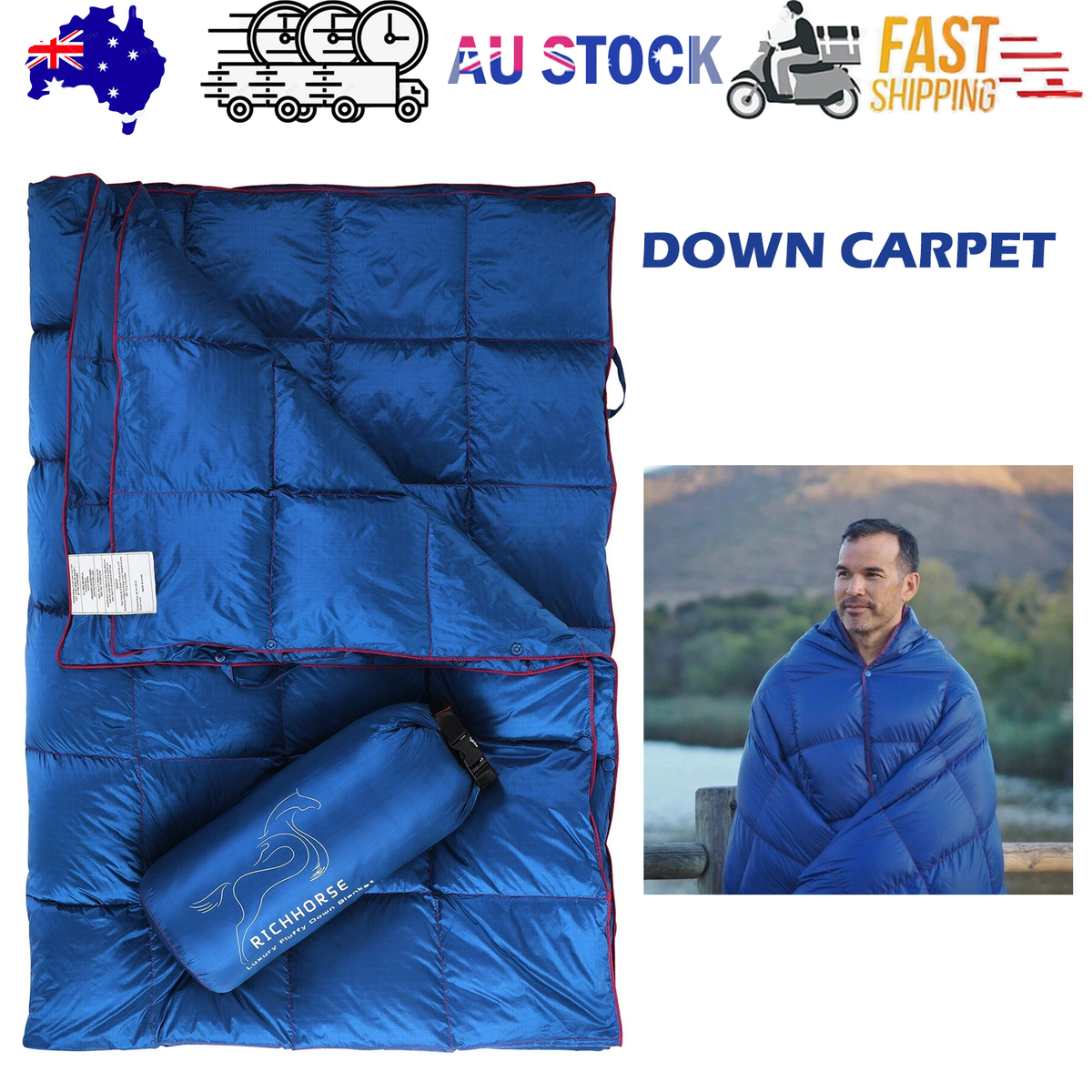 Down Camping Blanket Camping Hiking Puffy down Blanket Packable Lightweight Blue