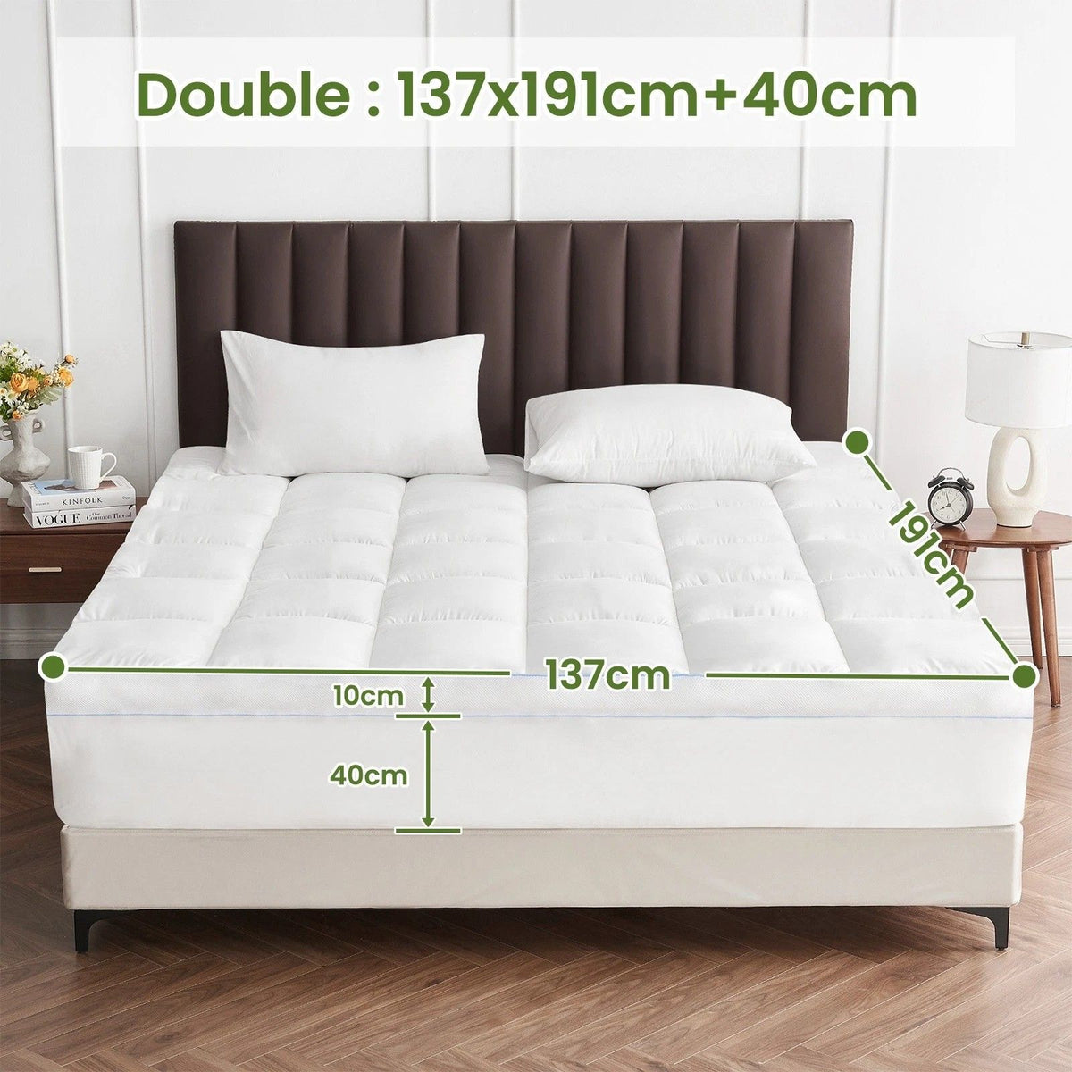 1500GSM Bamboo Mattress Topper Extra Thick 10CM Bed Topper Double: 137 x 191 + 40 cm