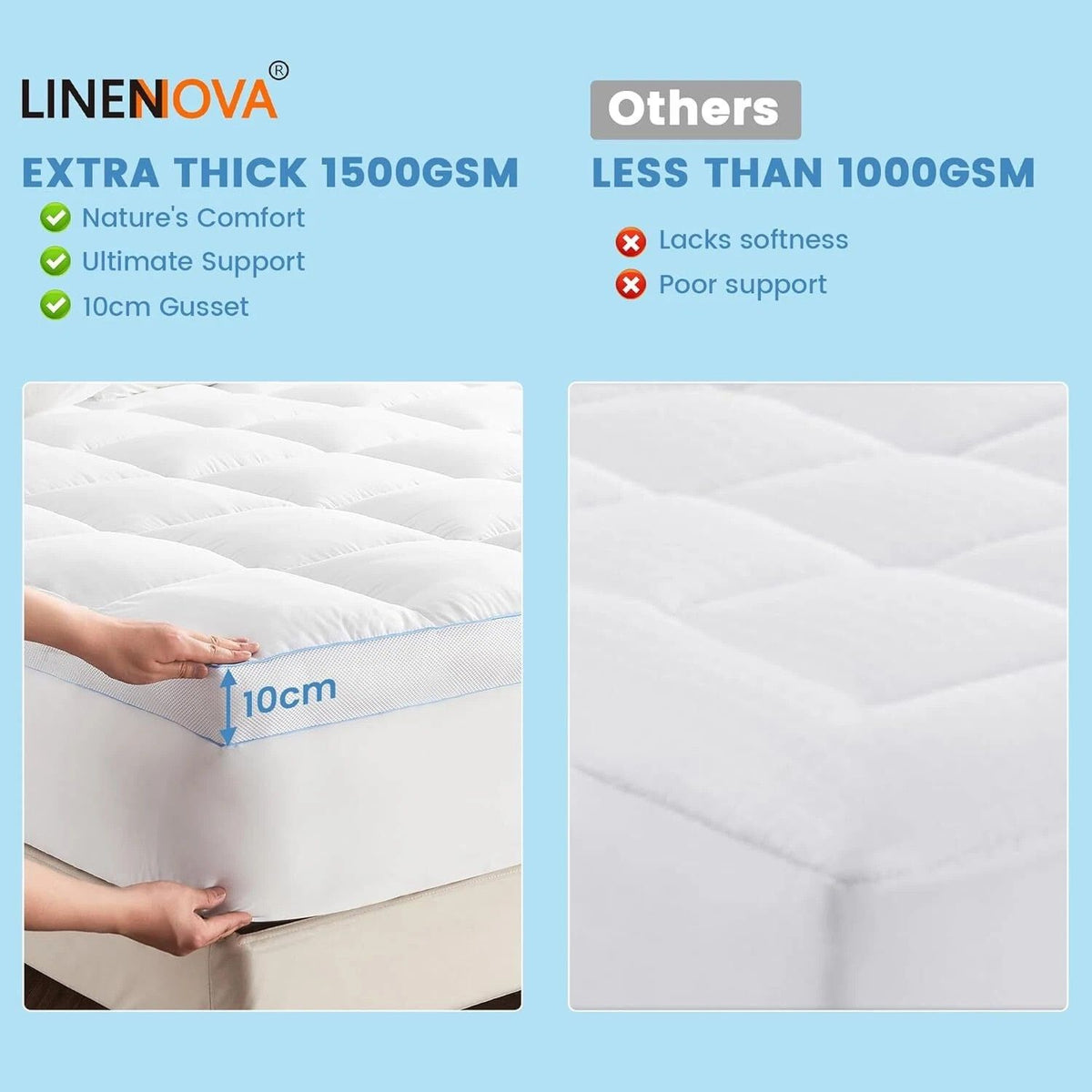 1500GSM Bamboo Mattress Topper Extra Thick 10CM Bed Topper Double: 137 x 191 + 40 cm