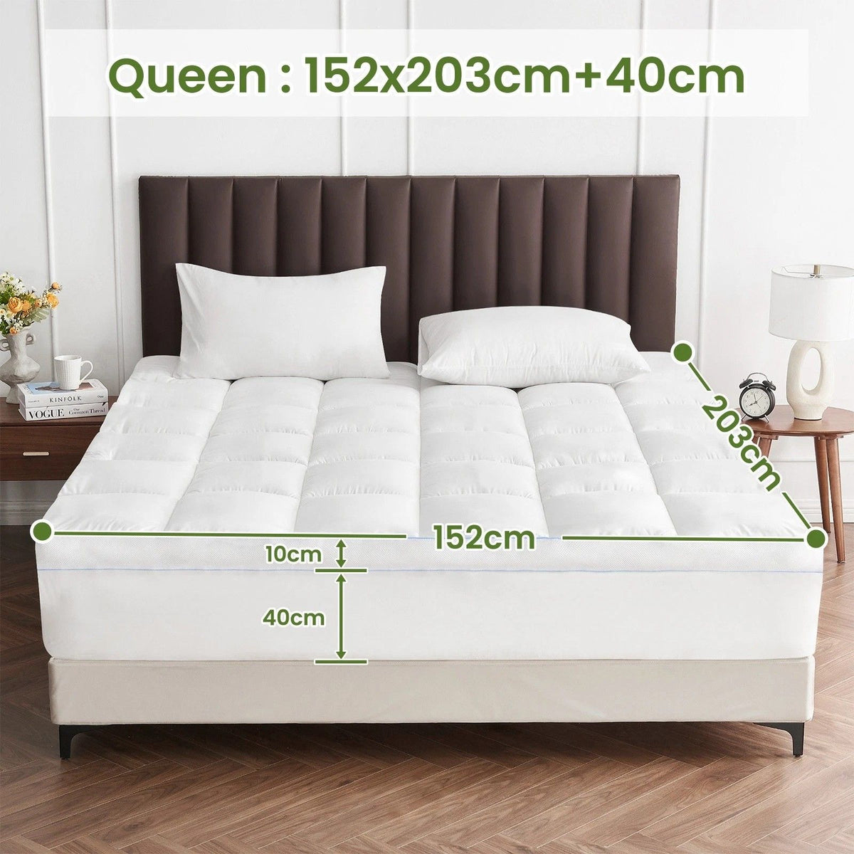 1500GSM Bamboo Mattress Topper Extra Thick 10CM Bed Topper Queen: 152 x 203 + 40 cm