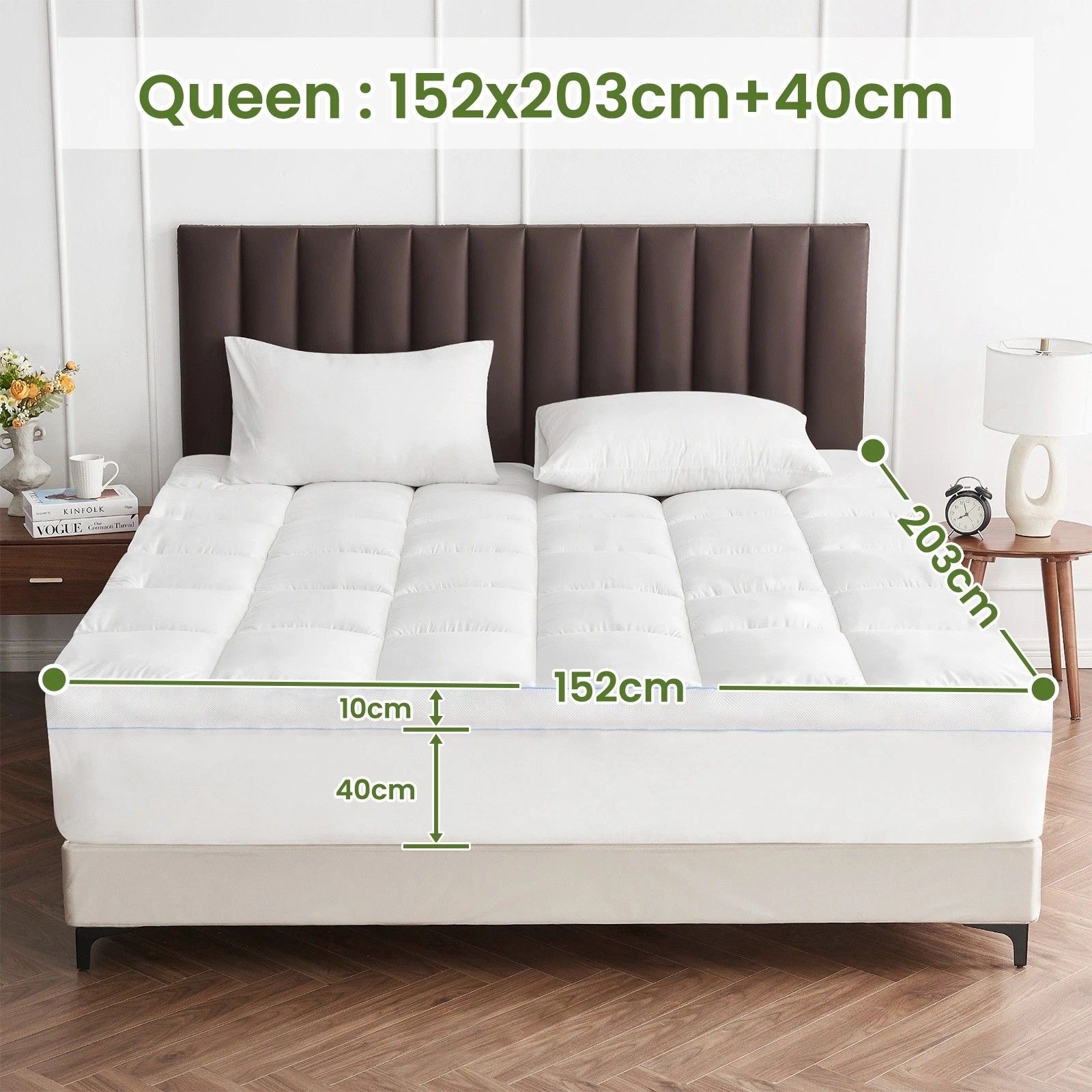 1500GSM Bamboo Mattress Topper Extra Thick 10CM Bed Topper Queen: 152 x 203 + 40 cm