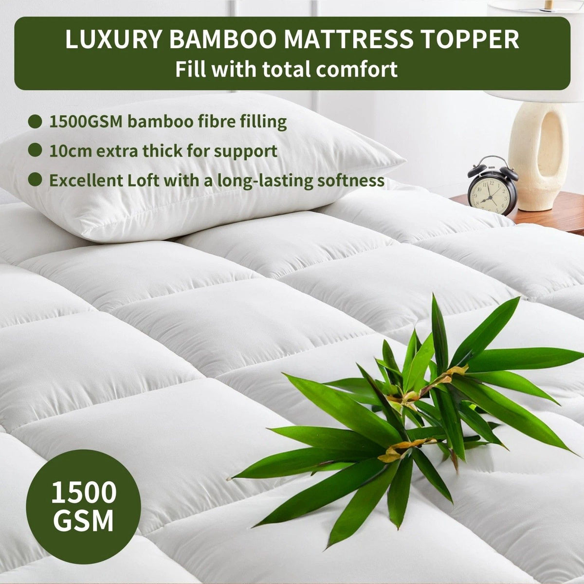 1500GSM Bamboo Mattress Topper Extra Thick 10CM Bed Topper Single: 90 x 191 + 40 cm