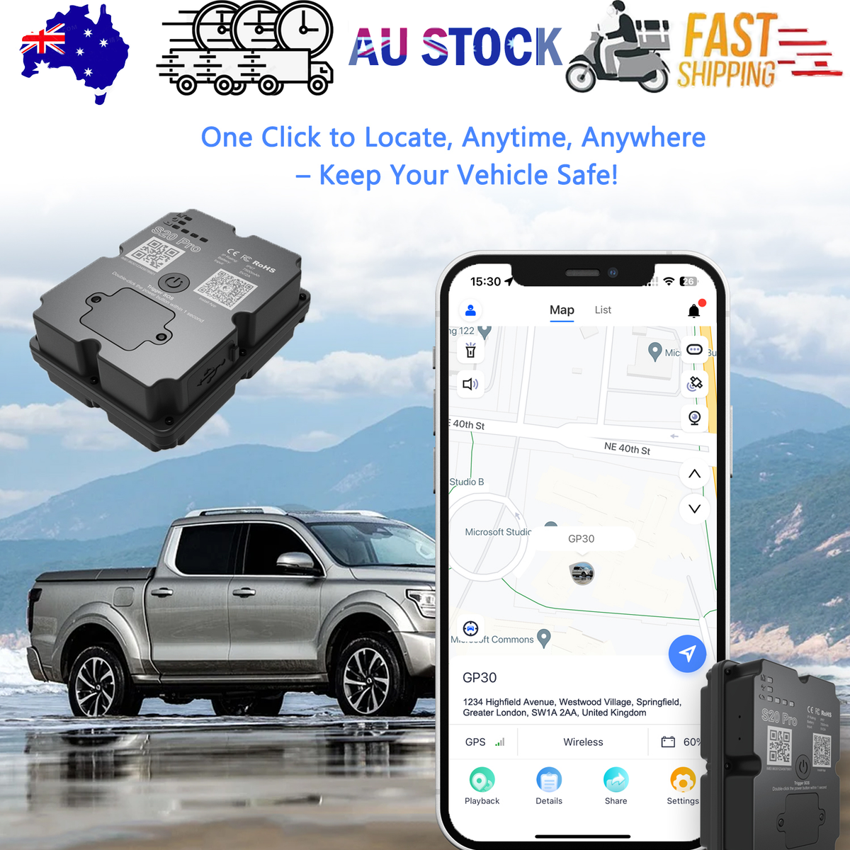 4G GPS Tracker for Car/Moto/Luggage - Waterproof, Real-time Tracking 30 Days Battery Life, Remote Control via Trial App.