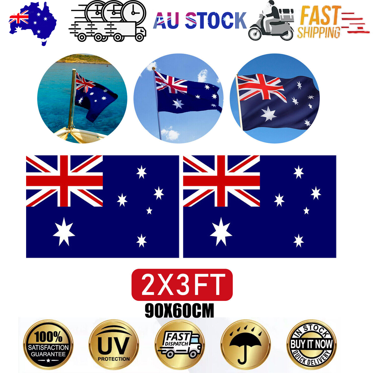 2 Pack Australian Aussie Flag Australia Day Oz AU 2x3ft 60x90cm Polyester