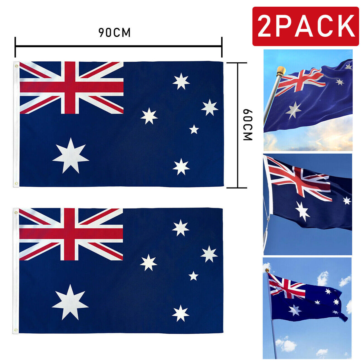 2 Pack Australian Aussie Flag Australia Day Oz AU 2x3ft 60x90cm Polyester