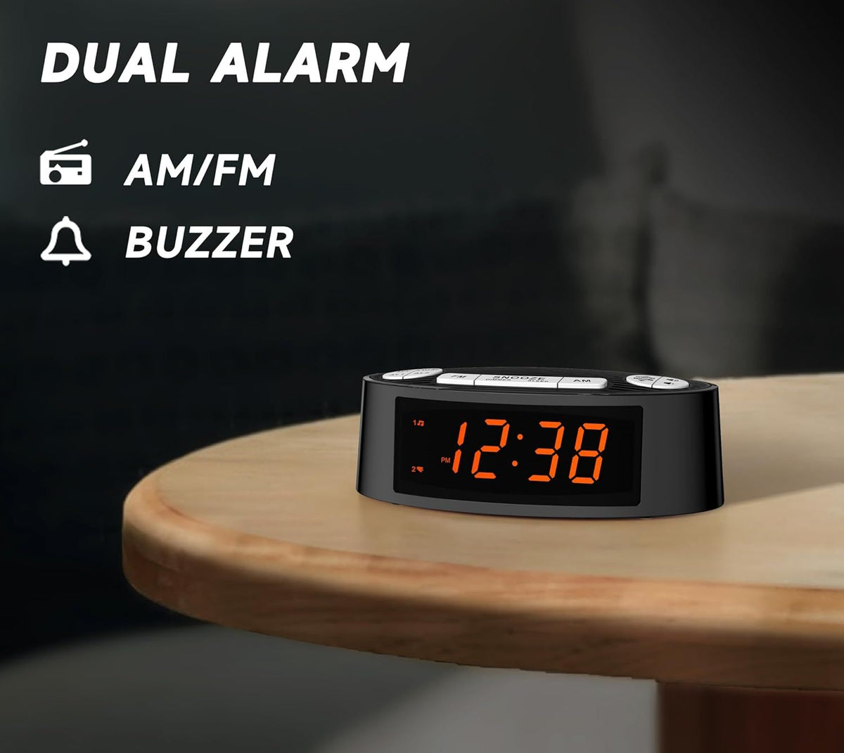 AM/FM Alarm Clock Radio with Dual Alarm, Sleep Timer & Snooze Functions, Orange LED Display, 4-Level Dimming Option