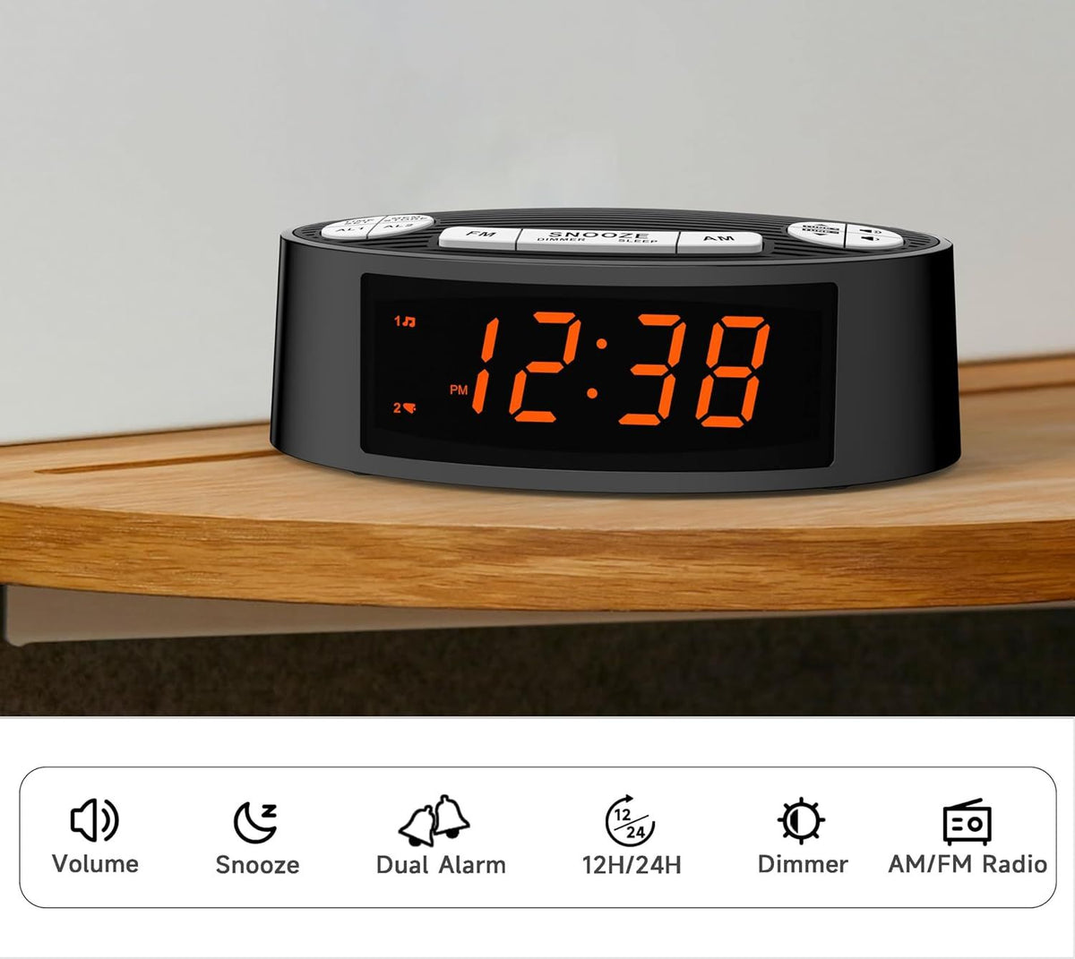 AM/FM Alarm Clock Radio with Dual Alarm, Sleep Timer & Snooze Functions, Orange LED Display, 4-Level Dimming Option