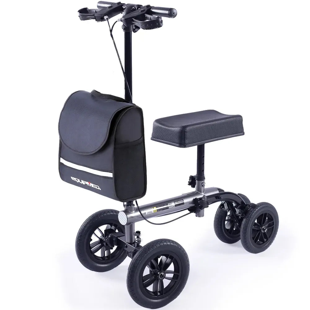 EQUIPMED Knee Scooter Walker, 10 inch Tyres Dual Brakes Bag - Broken Leg Ankle Foot Mobility - Crutches Alternative - Titanium colour