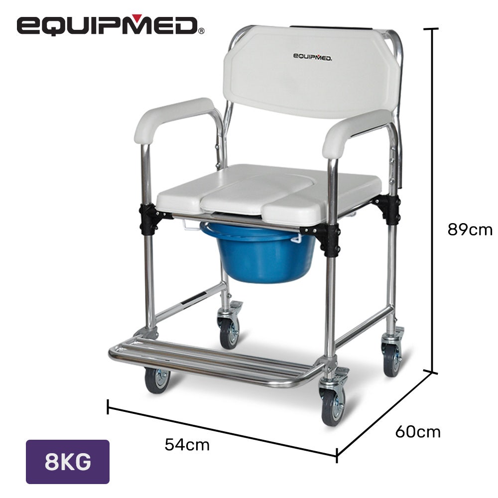 Equipmed Commode Shower Chair, Over Toilet or Bedside 136kg Capacity Aluminium frame with Wheels, White/Blue