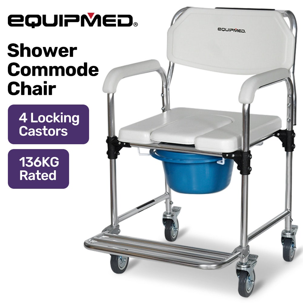 Equipmed Commode Shower Chair, Over Toilet or Bedside 136kg Capacity Aluminium frame with Wheels, White/Blue