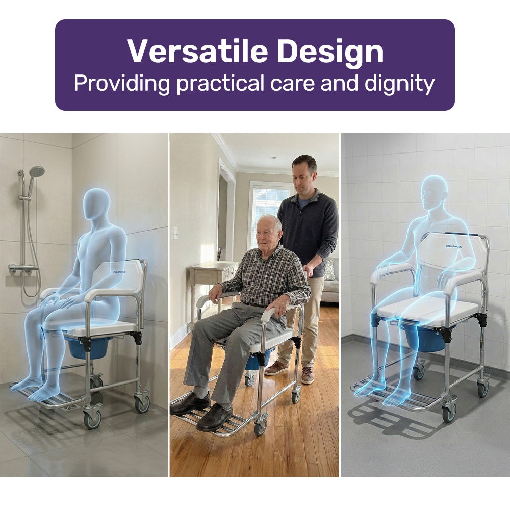 Equipmed Commode Shower Chair, Over Toilet or Bedside 136kg Capacity Aluminium frame with Wheels, White/Blue